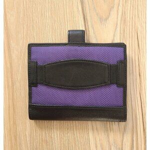 Tumi Double Billfold Wallet Black Leather Purple Canvas